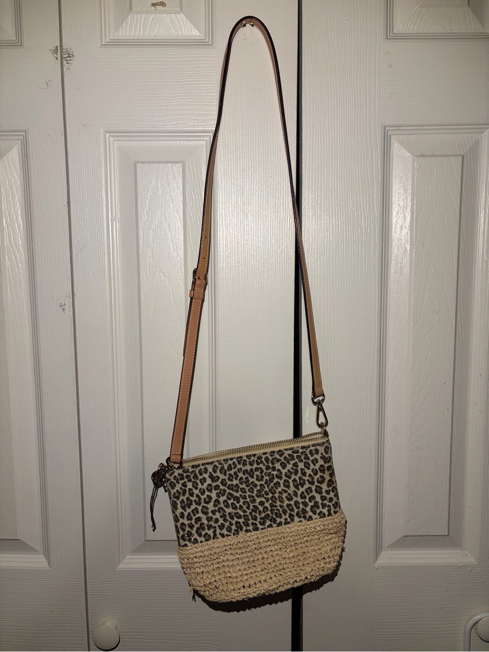 Leopard Print Straw Shoulder Bag with Tan Strap